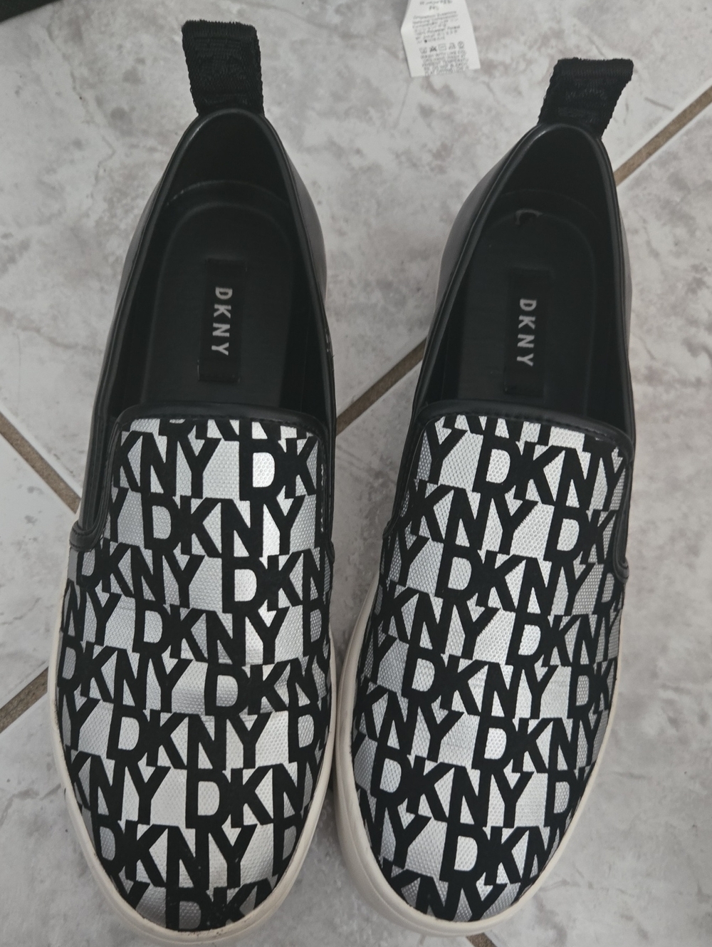 DKNY Black & White Logo Slip-On Wedge Sneakers